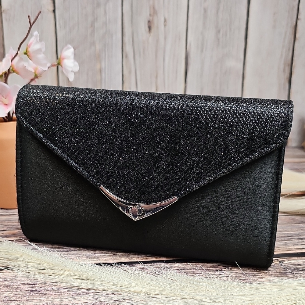 NEW FIONI NIGHT BLACK GLITTER ENVELOPE STYLE EVENING CLUTCH